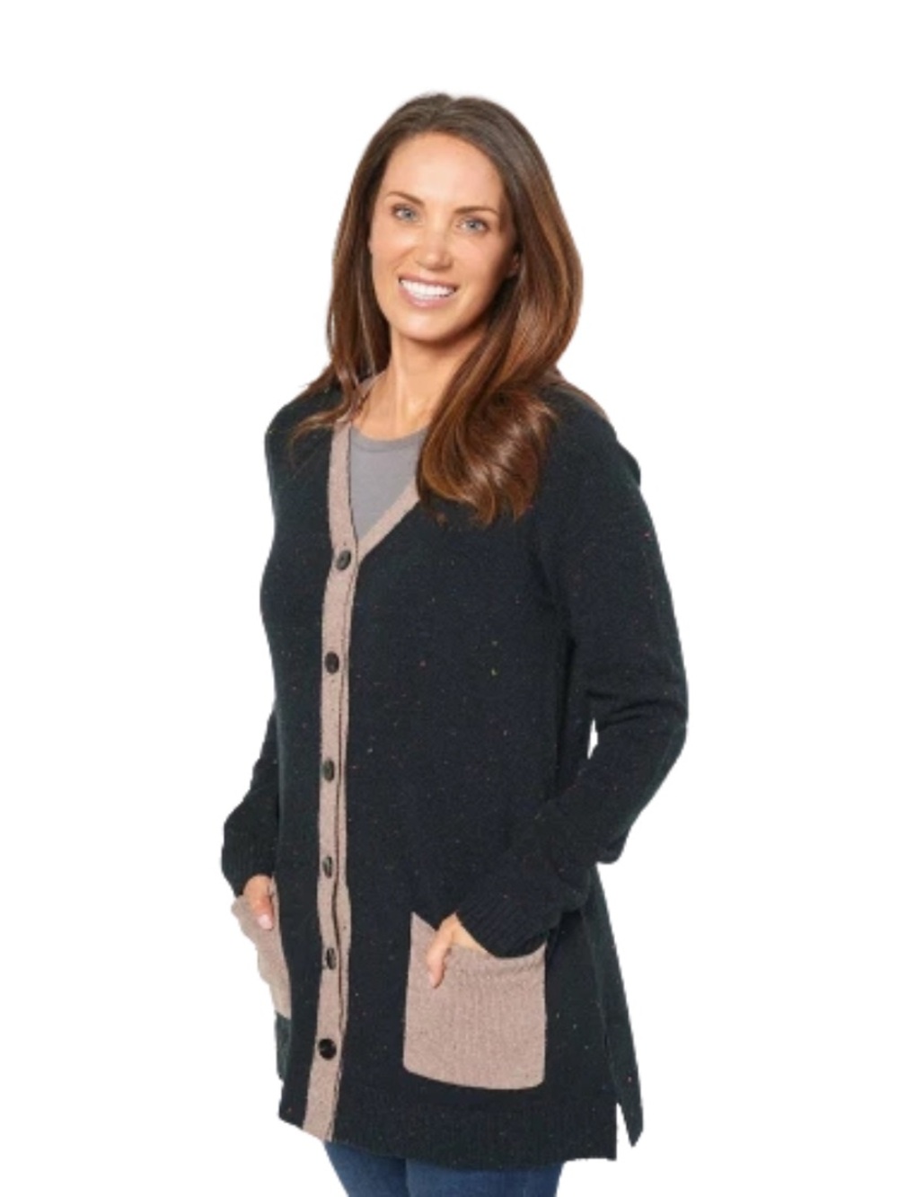 LOGO by Lori Goldstein Color Blocked Speckled Knit Cardigan A457340 1X NWT